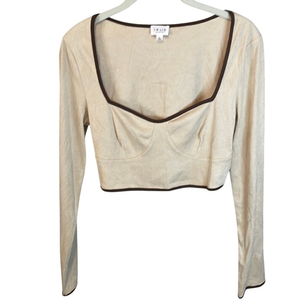 LE LIS Collection Women's Long Sleeve‎ Brown Trim Crop Top Square Neck Beige